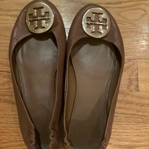 Tory Burch Caramel and Gold Minnie Travel Flats